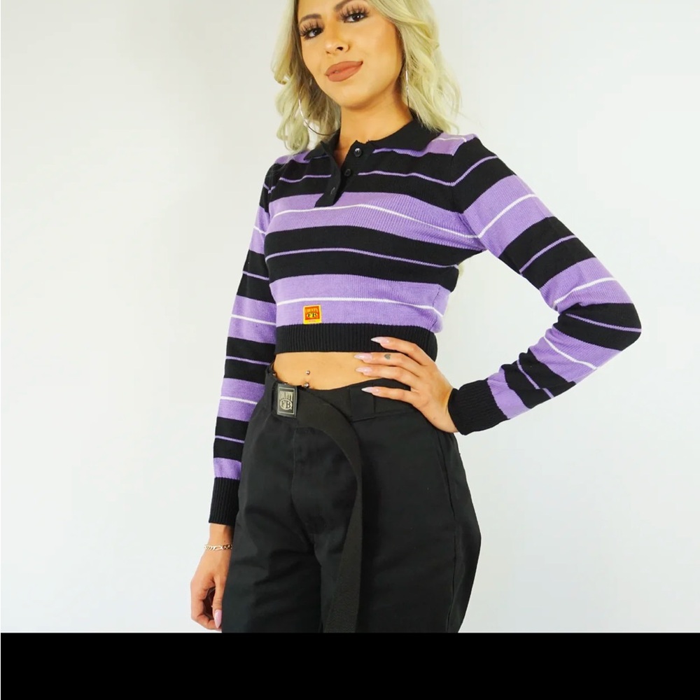 CHARLIE Brown Purple Crop Top with Polo Collar and 3/4 Sleeves
